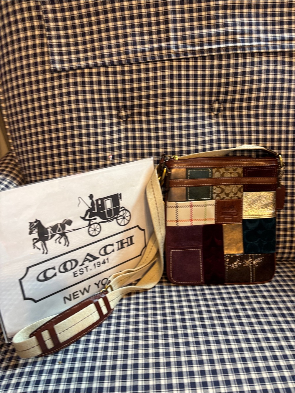 Coach Patchwork Crossbody Bag in Brown, Gold, Burgundy, Green, Navy